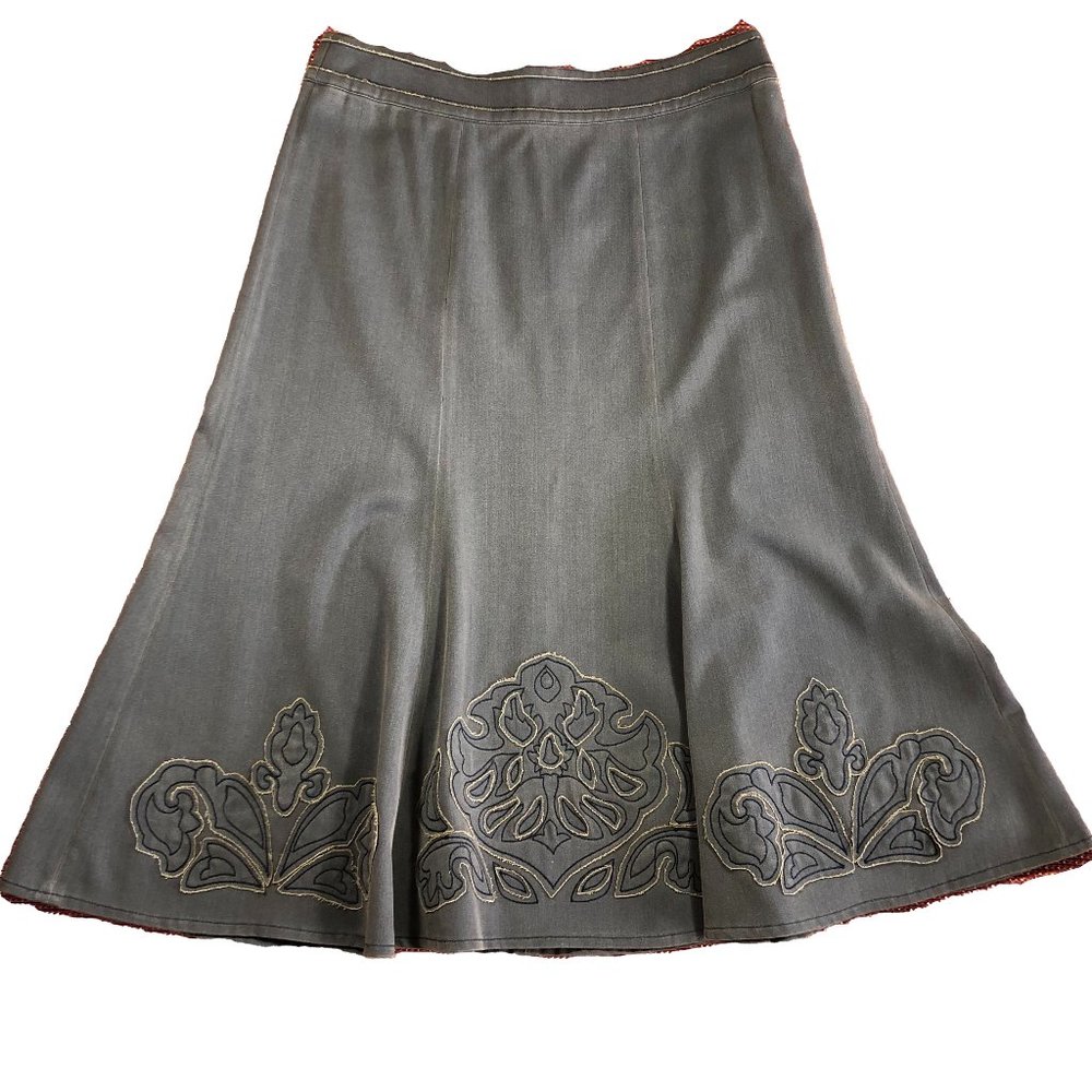 Cabi "Poodle" Skirt in Rustic Applique  Ladies Size 6   Forest Green